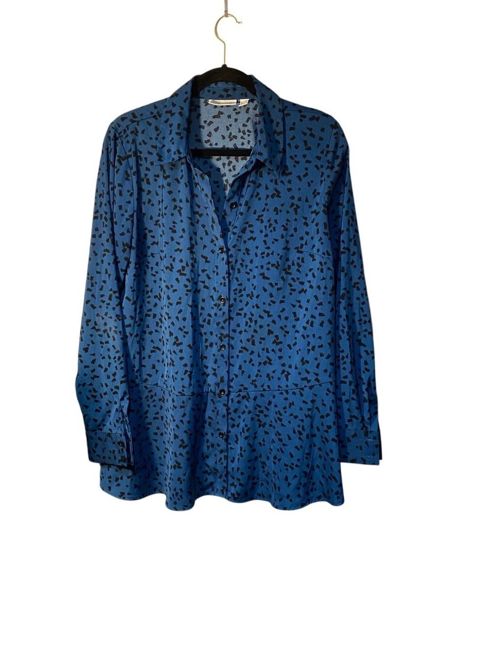 Susan Graver big shirt, blue and black stretch peplum blouse M